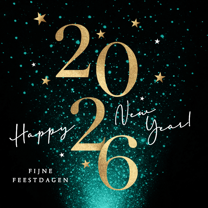 Nieuwjaarskaart 2026 in goud en vuurwerk - Nieuwjaarskaarten Nieuwjaarskaarten - Nieuwjaarskaart 2026 in goud en vuurwerk