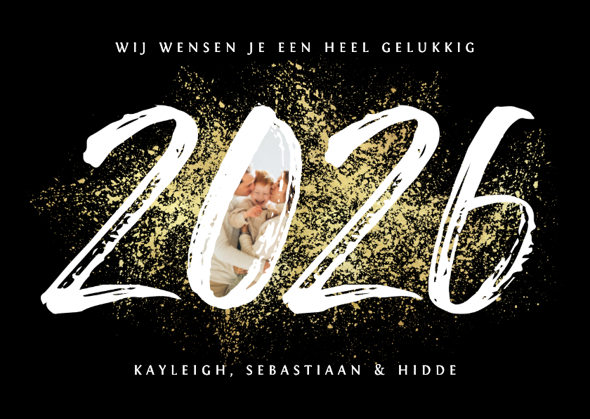 Nieuwjaarskaarten - Nieuwjaarskaart 2026 stijlvol goud spetters vuurwerk