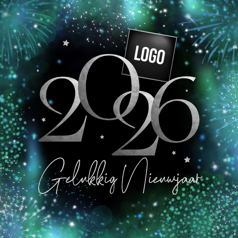 Nieuwjaarskaarten - Nieuwjaarskaart 2026 vuurwerk zakelijk zilver sterren logo