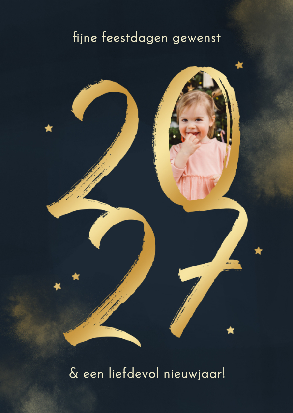 Nieuwjaarskaart 2027 goud met foto en sterretjes - Nieuwjaarskaarten Nieuwjaarskaarten - Nieuwjaarskaart 2027 goud met foto en sterretjes