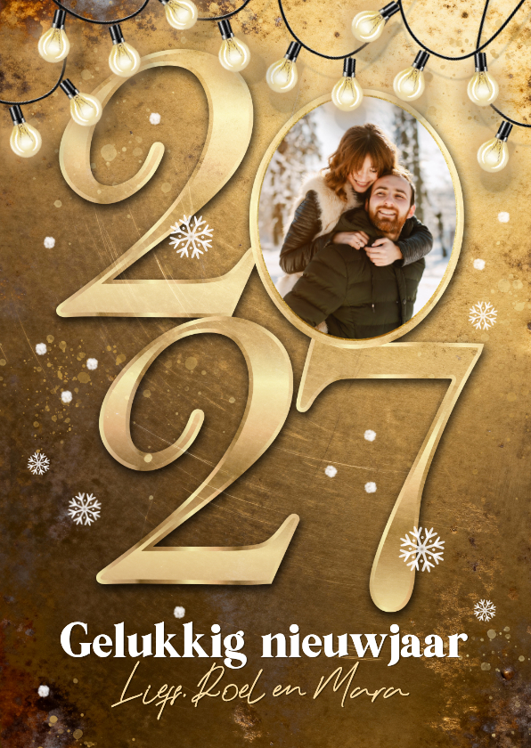 Nieuwjaarskaart 2027 goud metaal kerst fijne feestdagen foto - Nieuwjaarskaarten Nieuwjaarskaarten - Nieuwjaarskaart 2027 goud metaal kerst fijne feestdagen foto