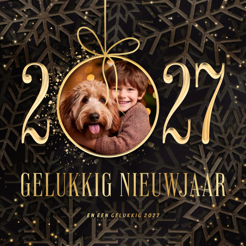 Nieuwjaarskaarten - Nieuwjaarskaart 2027 met foto kerstbal en sneeuwvlokken
