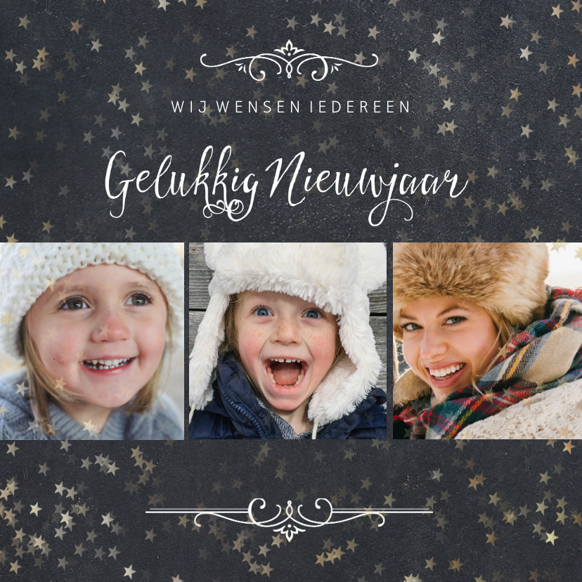 Nieuwjaarskaart 3 foto's met sterretjeseffect en krijtbord - Nieuwjaarskaarten Nieuwjaarskaarten - Nieuwjaarskaart 3 foto's met sterretjeseffect en krijtbord