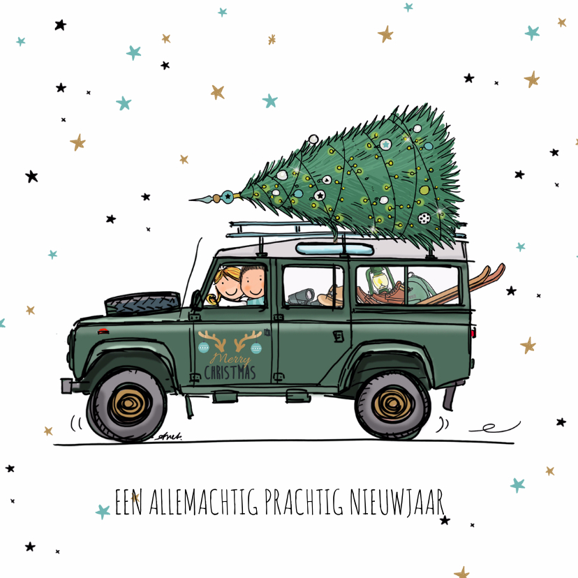 Nieuwjaarskaarten - Nieuwjaarskaart 4x4 terreinwagen stoer av