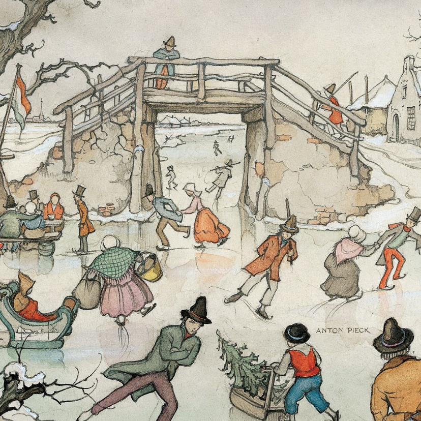 Nieuwjaarskaart - Anton Pieck illustratie ijspret - Nieuwjaarskaarten Nieuwjaarskaarten - Nieuwjaarskaart - Anton Pieck illustratie ijspret