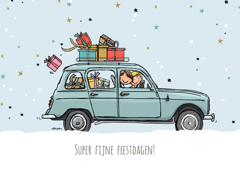 Nieuwjaarskaarten - Nieuwjaarskaart auto vier blauw