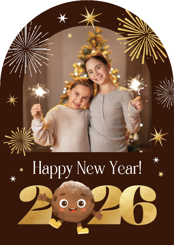 Nieuwjaarskaart boogkaart vuurwerk 2026 foto oliebol - Nieuwjaarskaarten Nieuwjaarskaarten - Nieuwjaarskaart boogkaart vuurwerk 2026 foto oliebol