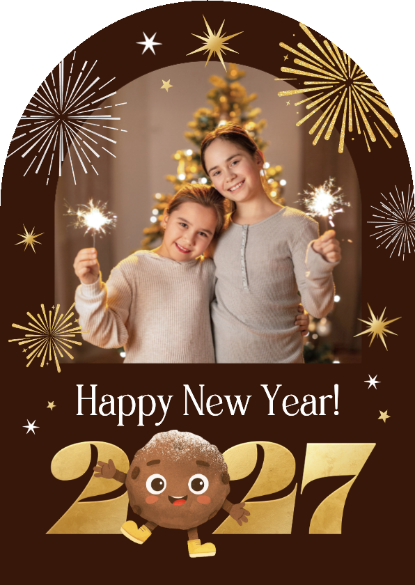 Nieuwjaarskaart boogkaart vuurwerk 2027 foto oliebol - Nieuwjaarskaarten Nieuwjaarskaarten - Nieuwjaarskaart boogkaart vuurwerk 2027 foto oliebol