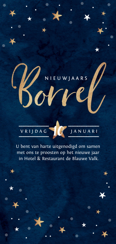 Nieuwjaarskaart borrel goudlook blauw met sterren - Nieuwjaarskaarten Nieuwjaarskaarten - Nieuwjaarskaart borrel goudlook blauw met sterren