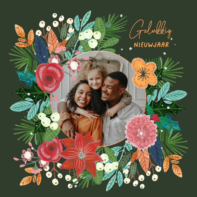 Nieuwjaarskaarten - Nieuwjaarskaart botanische kerstster bloemen