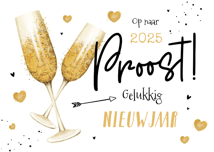 Nieuwjaarskaart champagne gouden hartjes liefde Kaartje2go