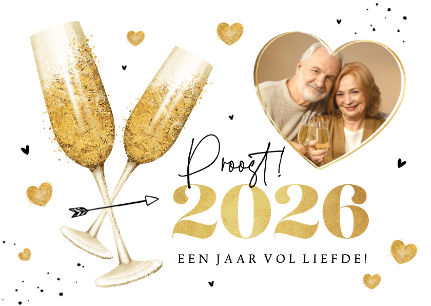Nieuwjaarskaarten - Nieuwjaarskaart champagne hartjes liefde goud 2026 foto