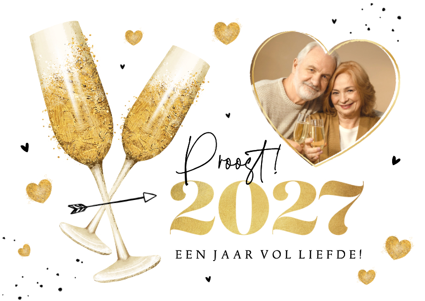 Nieuwjaarskaarten - Nieuwjaarskaart champagne hartjes liefde goud 2027 foto