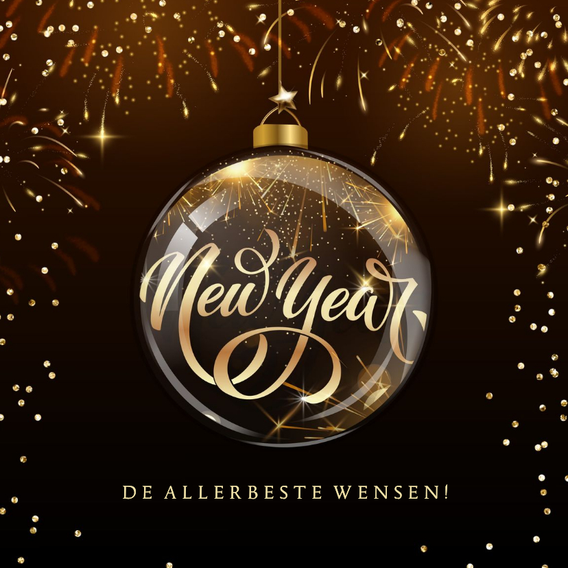 Nieuwjaarskaart chique goud vuurwerk kerstornament met tekst - Nieuwjaarskaarten Nieuwjaarskaarten - Nieuwjaarskaart chique goud vuurwerk kerstornament met tekst
