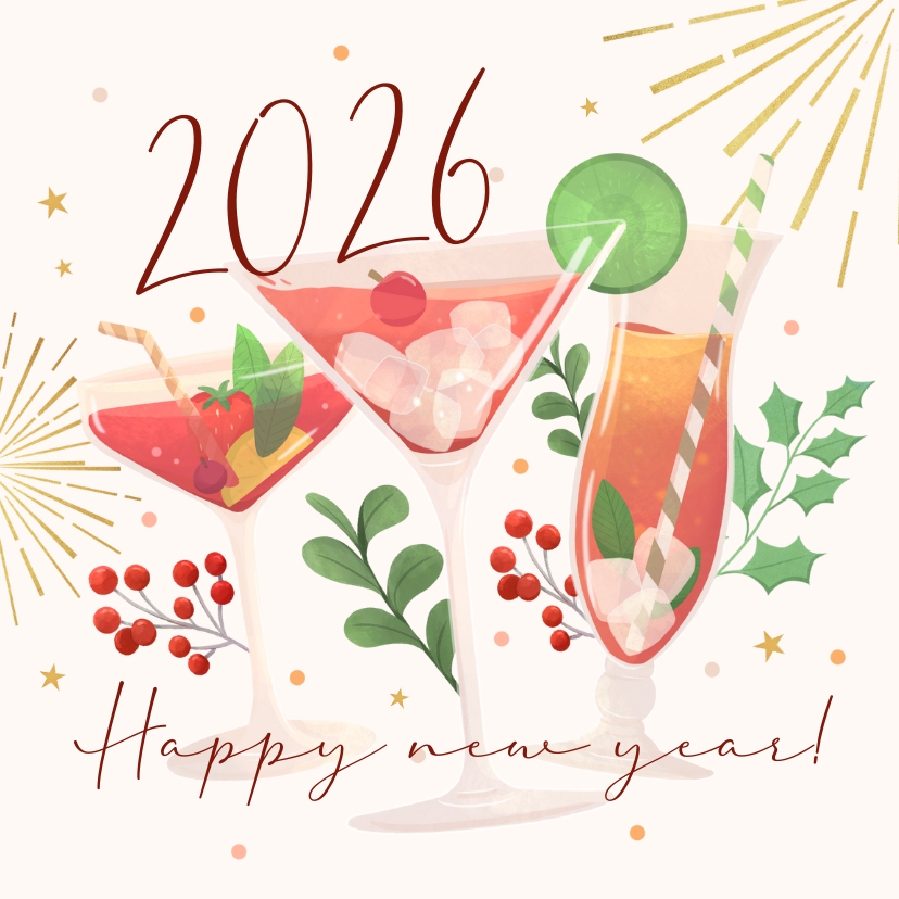 Nieuwjaarskaarten - Nieuwjaarskaart cocktails en vuurwerk cheers 2027