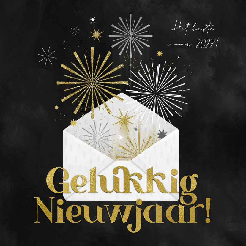 Nieuwjaarskaart envelop vuurwerk goud sterren 2027 - Nieuwjaarskaarten Nieuwjaarskaarten - Nieuwjaarskaart envelop vuurwerk goud sterren 2027