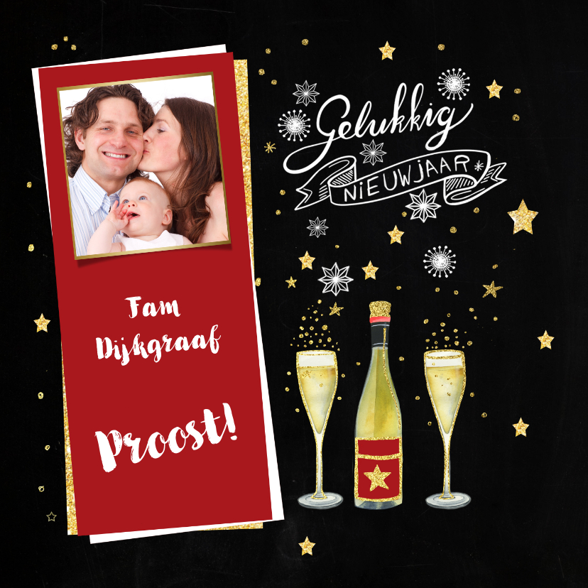 Nieuwjaarskaart fles champagne - Nieuwjaarskaarten Nieuwjaarskaarten - Nieuwjaarskaart fles champagne
