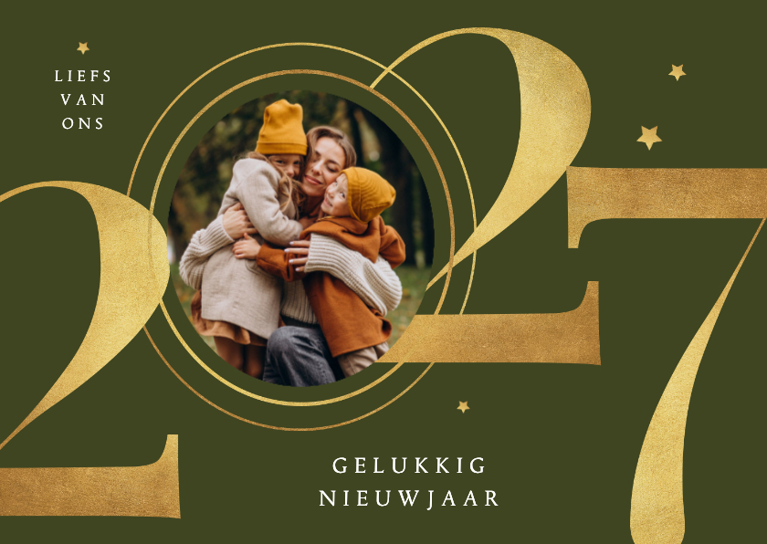 Nieuwjaarskaart foto goud 2027 grafisch sterren - Nieuwjaarskaarten Nieuwjaarskaarten - Nieuwjaarskaart foto goud 2027 grafisch sterren