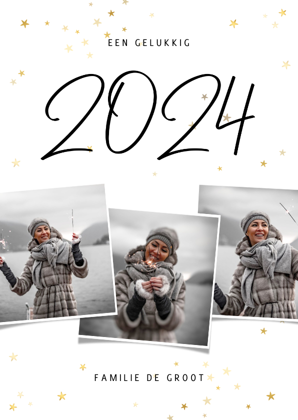 Nieuwjaarskaarten - Nieuwjaarskaart fotocollage 2024 met gouden sterren