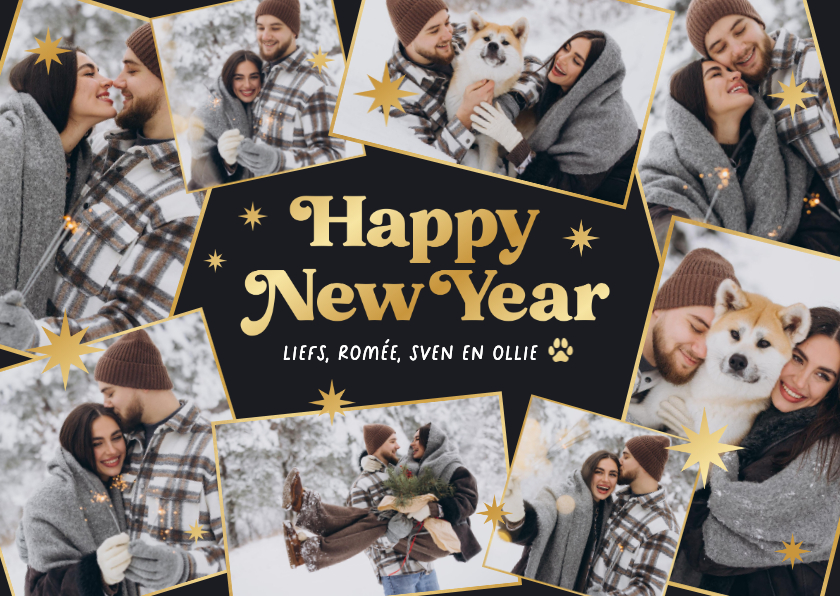 Nieuwjaarskaarten - Nieuwjaarskaart fotocollage fijne feestdagen gouden sterren 