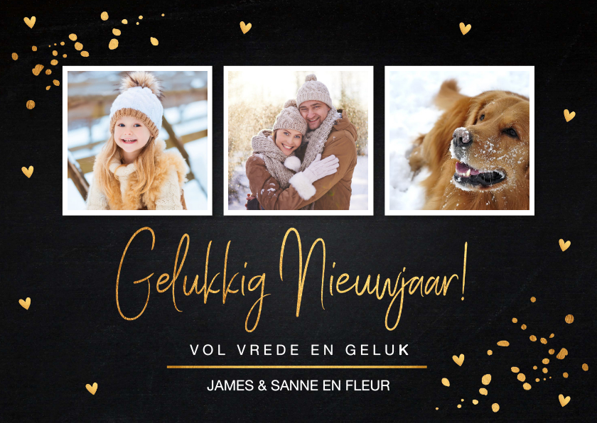 Nieuwjaarskaart fotocollage gouden confetti - Nieuwjaarskaarten Nieuwjaarskaarten - Nieuwjaarskaart fotocollage gouden confetti
