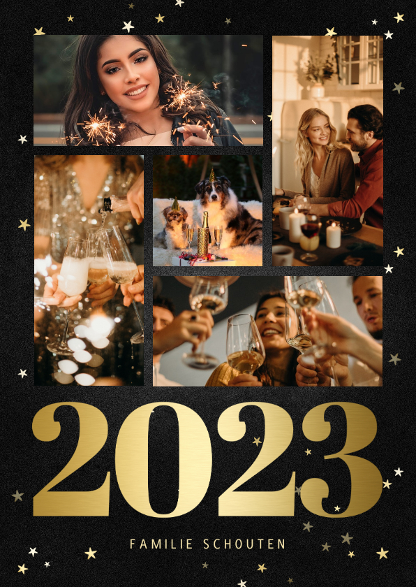 Nieuwjaarskaart fotocollage met gouden 2022 en sterren - Nieuwjaarskaarten Nieuwjaarskaarten - Nieuwjaarskaart fotocollage met gouden 2022 en sterren