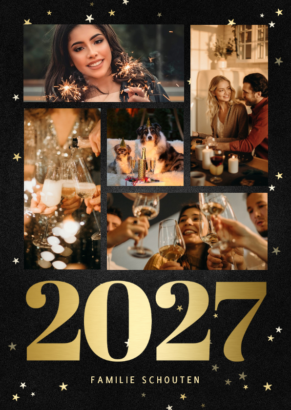 Nieuwjaarskaart fotocollage met gouden 2027 en sterren - Nieuwjaarskaarten Nieuwjaarskaarten - Nieuwjaarskaart fotocollage met gouden 2027 en sterren