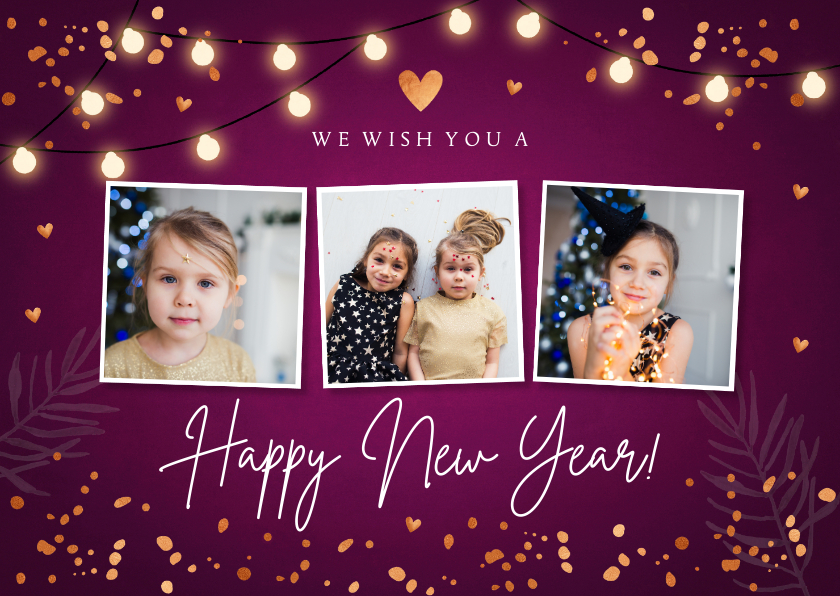 Nieuwjaarskaarten - Nieuwjaarskaart fotocollage paars lampjes confetti koperlook