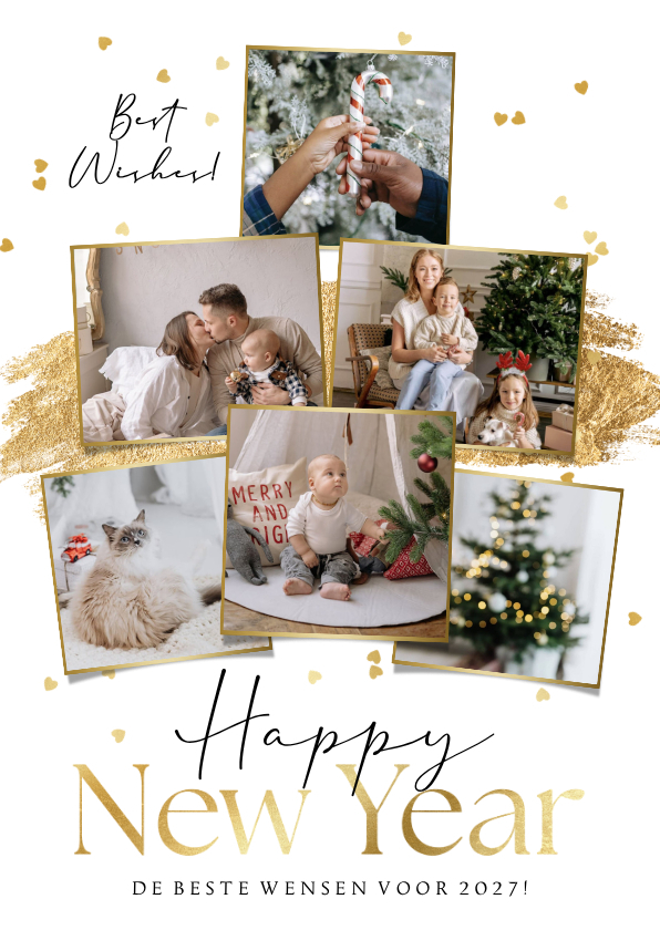 Nieuwjaarskaart fotocollage verfstreep goud hartjesconfetti - Nieuwjaarskaarten Nieuwjaarskaarten - Nieuwjaarskaart fotocollage verfstreep goud hartjesconfetti