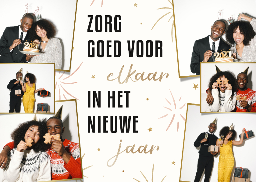 Nieuwjaarskaarten - Nieuwjaarskaart fotocollage - zorg goed voor elkaar