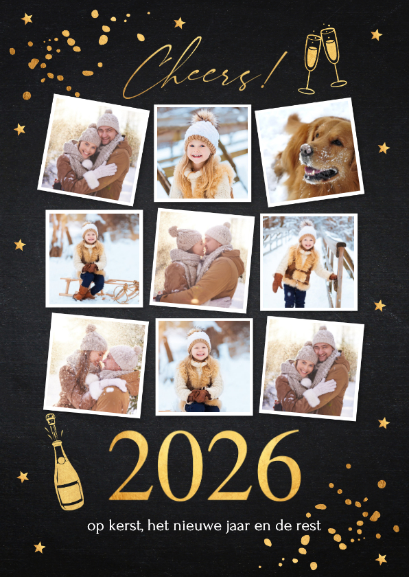 Nieuwjaarskaart fotocollage zwart confetti goudlook 2026 - Nieuwjaarskaarten Nieuwjaarskaarten - Nieuwjaarskaart fotocollage zwart confetti goudlook 2026