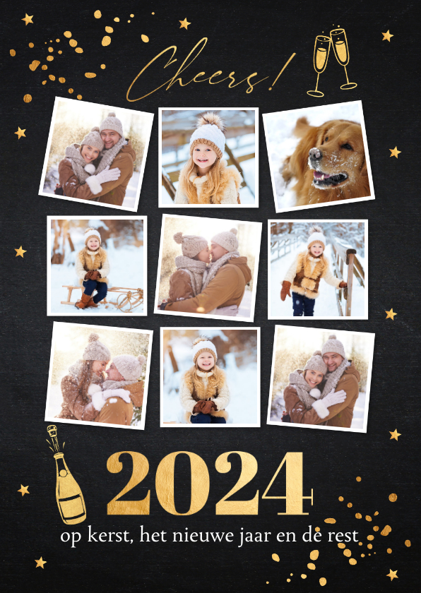 Nieuwjaarskaart fotocollage zwart confetti goudlook - Nieuwjaarskaarten Nieuwjaarskaarten - Nieuwjaarskaart fotocollage zwart confetti goudlook