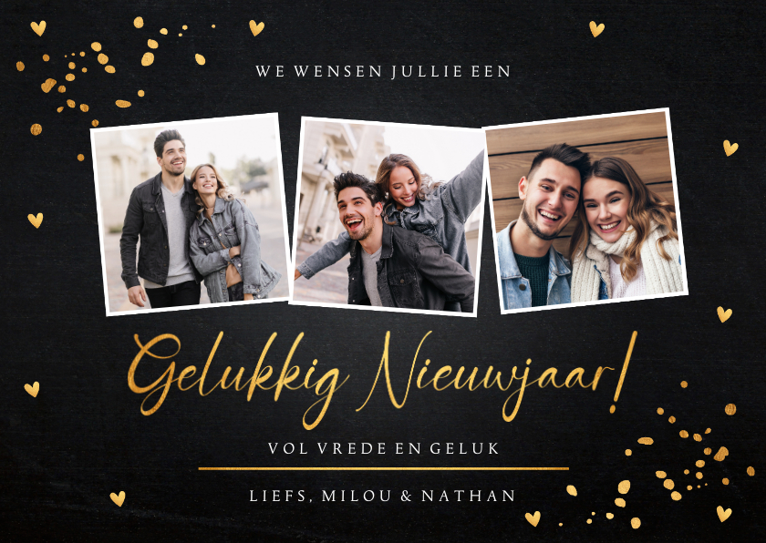 Nieuwjaarskaarten - Nieuwjaarskaart fotocollage zwart goudlook confetti hartjes