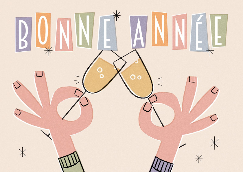 Nieuwjaarskaarten - Nieuwjaarskaart Frans in retrostijl bonne année champagne