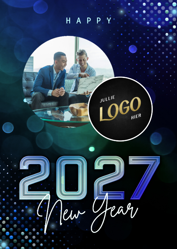 Nieuwjaarskaart futuristisch modern 2027 blauw met foto - Nieuwjaarskaarten Nieuwjaarskaarten - Nieuwjaarskaart futuristisch modern 2027 blauw met foto