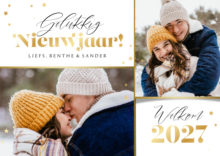 Nieuwjaarskaart gelukkig nieuwjaar goud sterren foto 2027 - Nieuwjaarskaarten Nieuwjaarskaarten - Nieuwjaarskaart gelukkig nieuwjaar goud sterren foto 2027