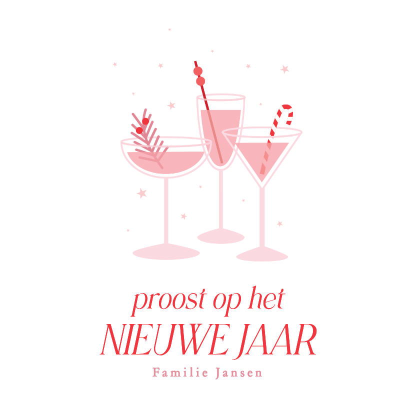Nieuwjaarskaart glaasjes cocktails in wit roze en rood - Nieuwjaarskaarten Nieuwjaarskaarten - Nieuwjaarskaart glaasjes cocktails in wit roze en rood