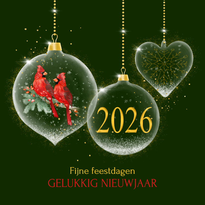 Nieuwjaarskaarten - Nieuwjaarskaart glasballen met kardinaalsvogel