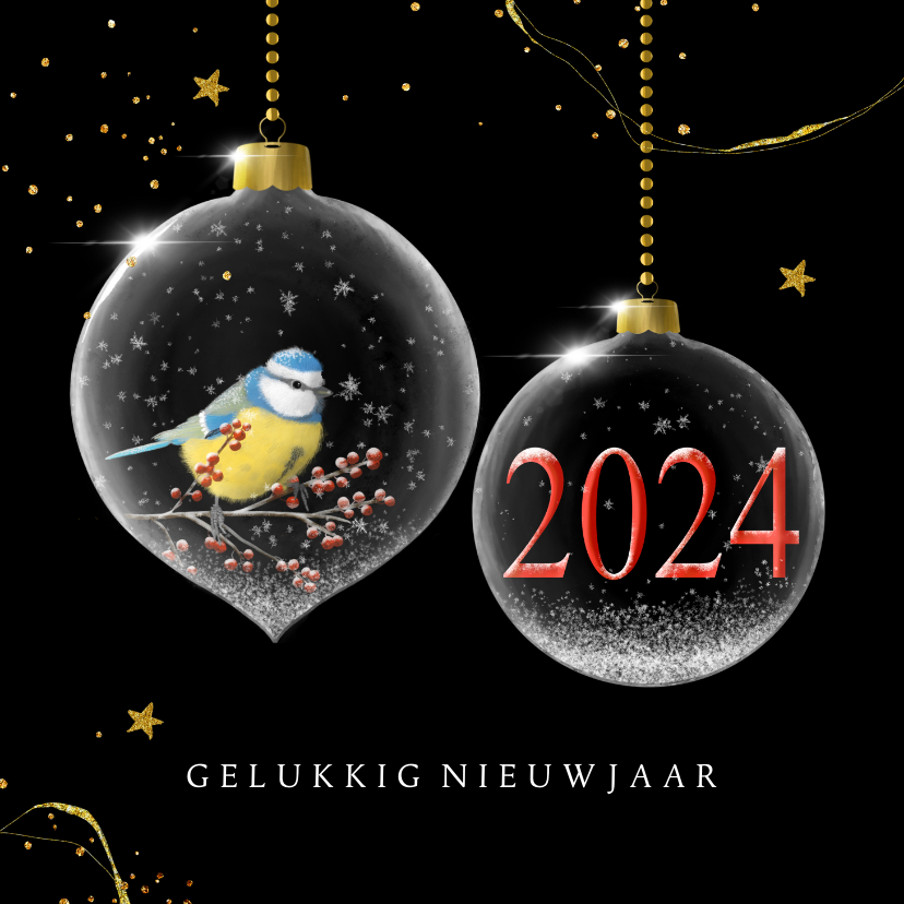 Nieuwjaarskaarten - Nieuwjaarskaart glazen kerstballen met jaartal
