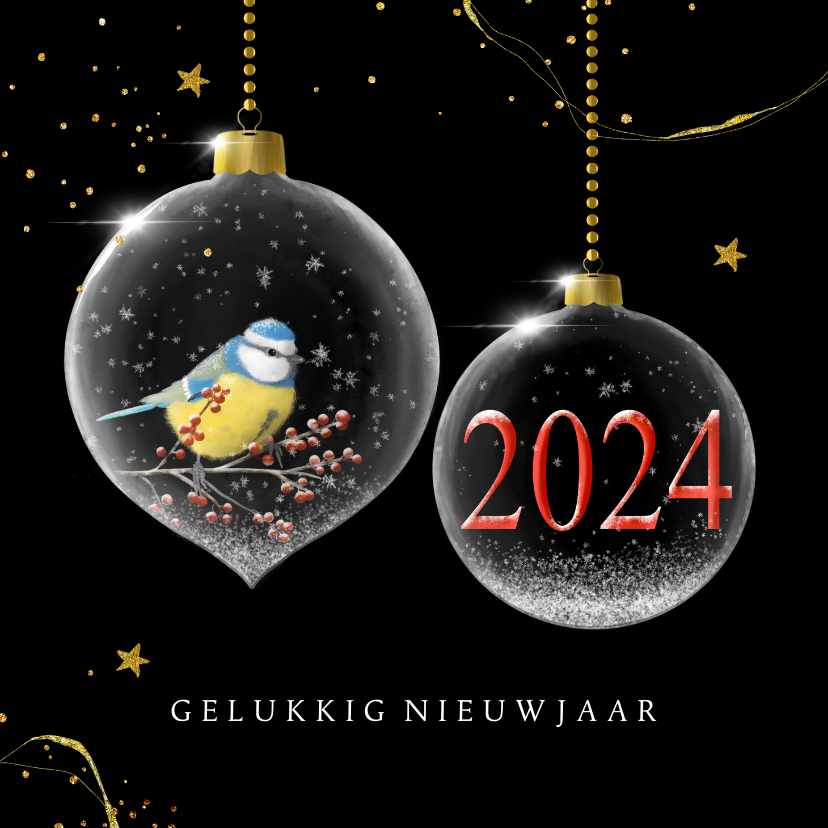 Nieuwjaarskaart glazen kerstballen met jaartal - Nieuwjaarskaarten Nieuwjaarskaarten - Nieuwjaarskaart glazen kerstballen met jaartal