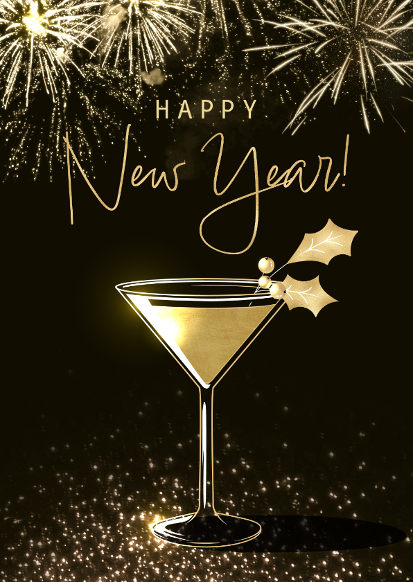 Nieuwjaarskaarten - Nieuwjaarskaart goud chique cocktailglas glitters vuurwerk