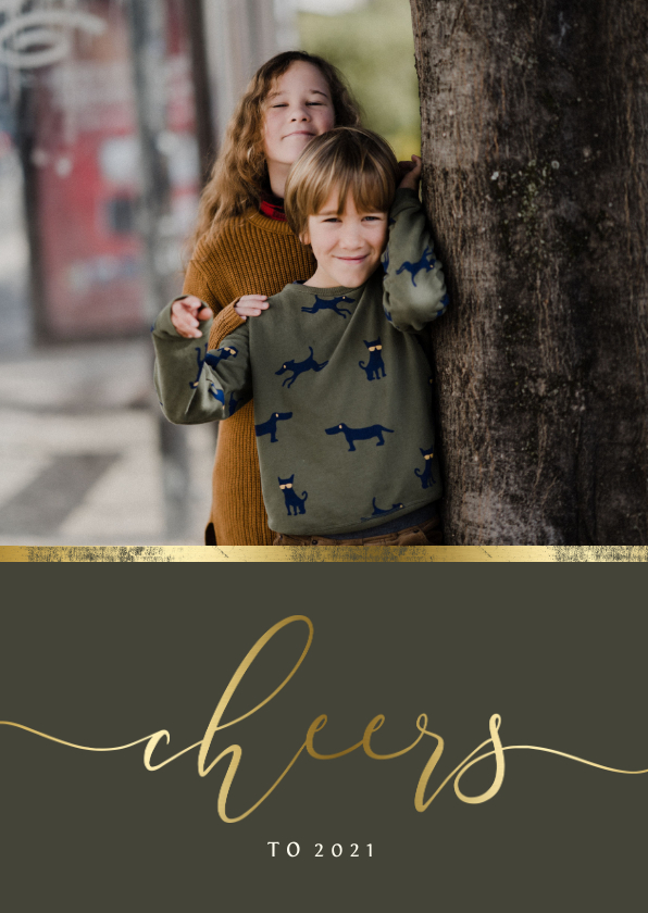 Nieuwjaarskaart gouden accent en 'cheers' met foto - Nieuwjaarskaarten Nieuwjaarskaarten - Nieuwjaarskaart gouden accent en 'cheers' met foto