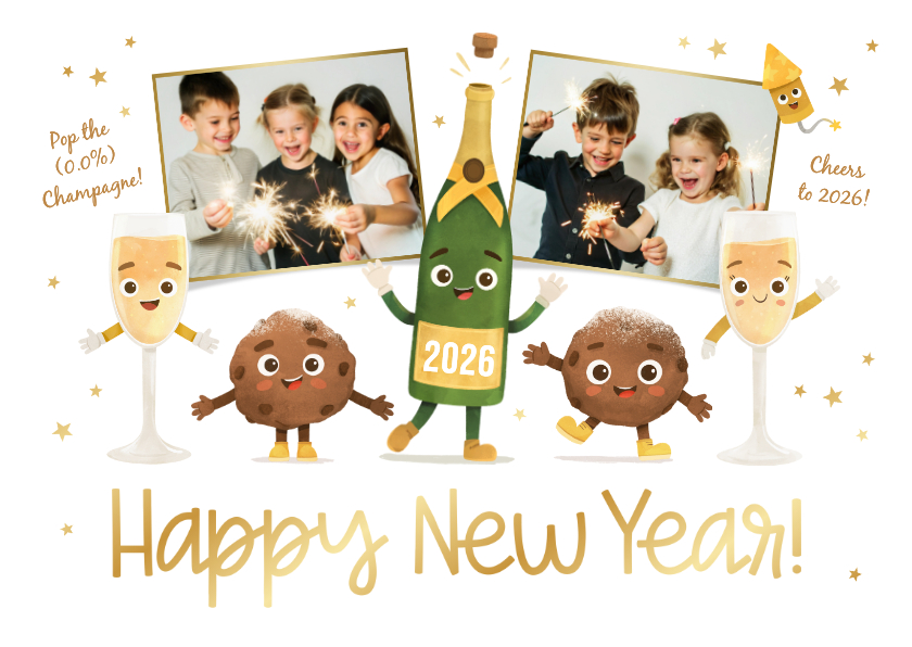 Nieuwjaarskaart grappig illustratie foto oliebol champagne - Nieuwjaarskaarten Nieuwjaarskaarten - Nieuwjaarskaart grappig illustratie foto oliebol champagne