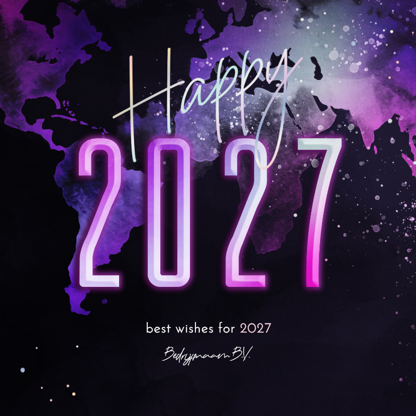 Nieuwjaarskaart happy 2027 wereldkaart in neonkleuren - Nieuwjaarskaarten Nieuwjaarskaarten - Nieuwjaarskaart happy 2027 wereldkaart in neonkleuren