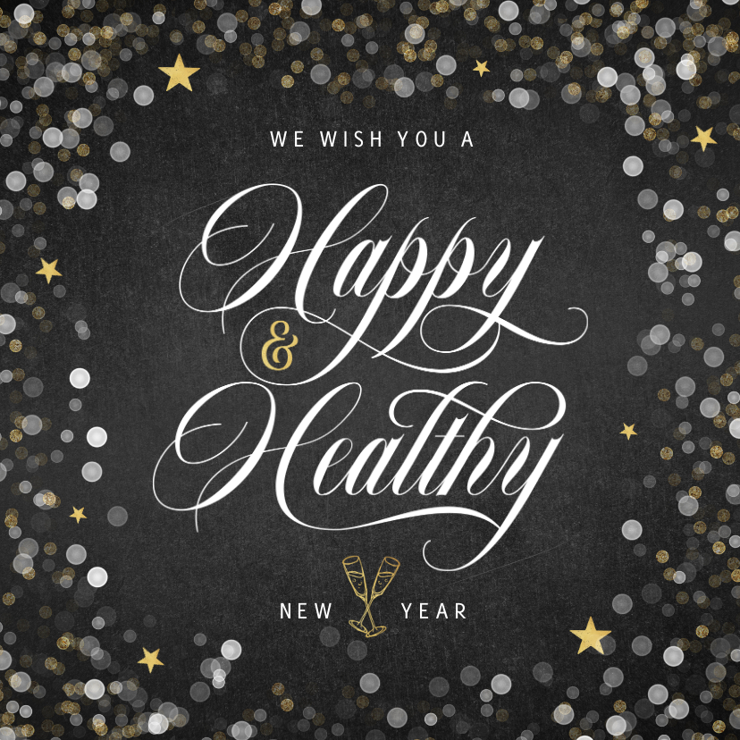Nieuwjaarskaarten - Nieuwjaarskaart happy healthy krijtbord confetti goud ster