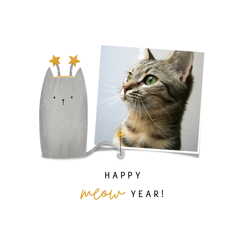 Nieuwjaarskaart happy meow year met foto en kat - Nieuwjaarskaarten Nieuwjaarskaarten - Nieuwjaarskaart happy meow year met foto en kat