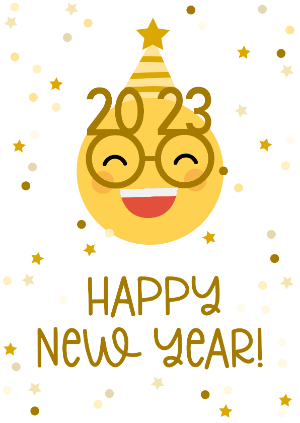Nieuwjaarskaart happy new year emoji met 2023 Kaartje2go