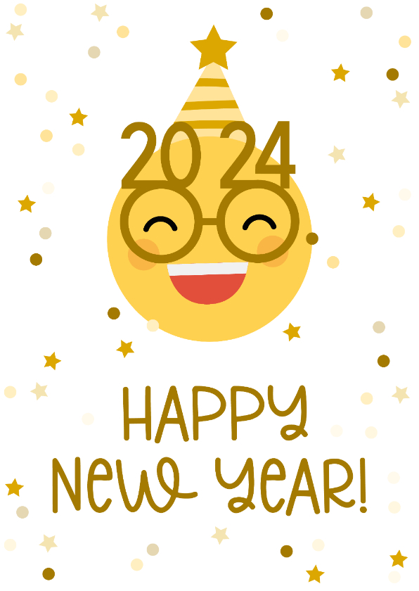 Nieuwjaarskaarten - Nieuwjaarskaart happy new year emoji met 2024 bril