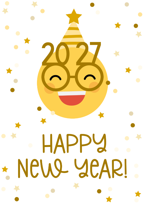 Nieuwjaarskaarten - Nieuwjaarskaart happy new year emoji met 2027 bril