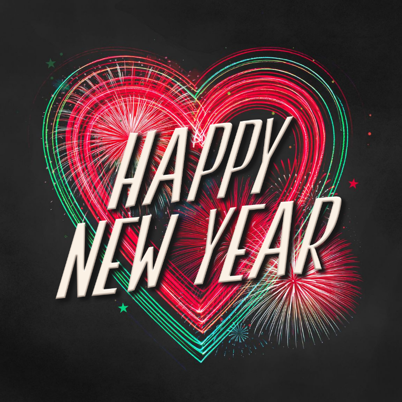 Nieuwjaarskaart happy new year rood groen neon hart vuurwerk - Nieuwjaarskaarten Nieuwjaarskaarten - Nieuwjaarskaart happy new year rood groen neon hart vuurwerk